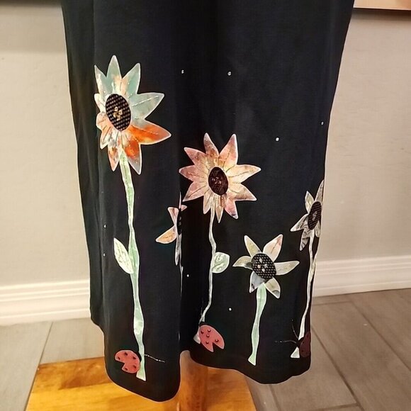 Vintage KARLA MARIE BLACK Casual T-shirt Dress PM Petite Medium Sun Flowers - Picture 3 of 5